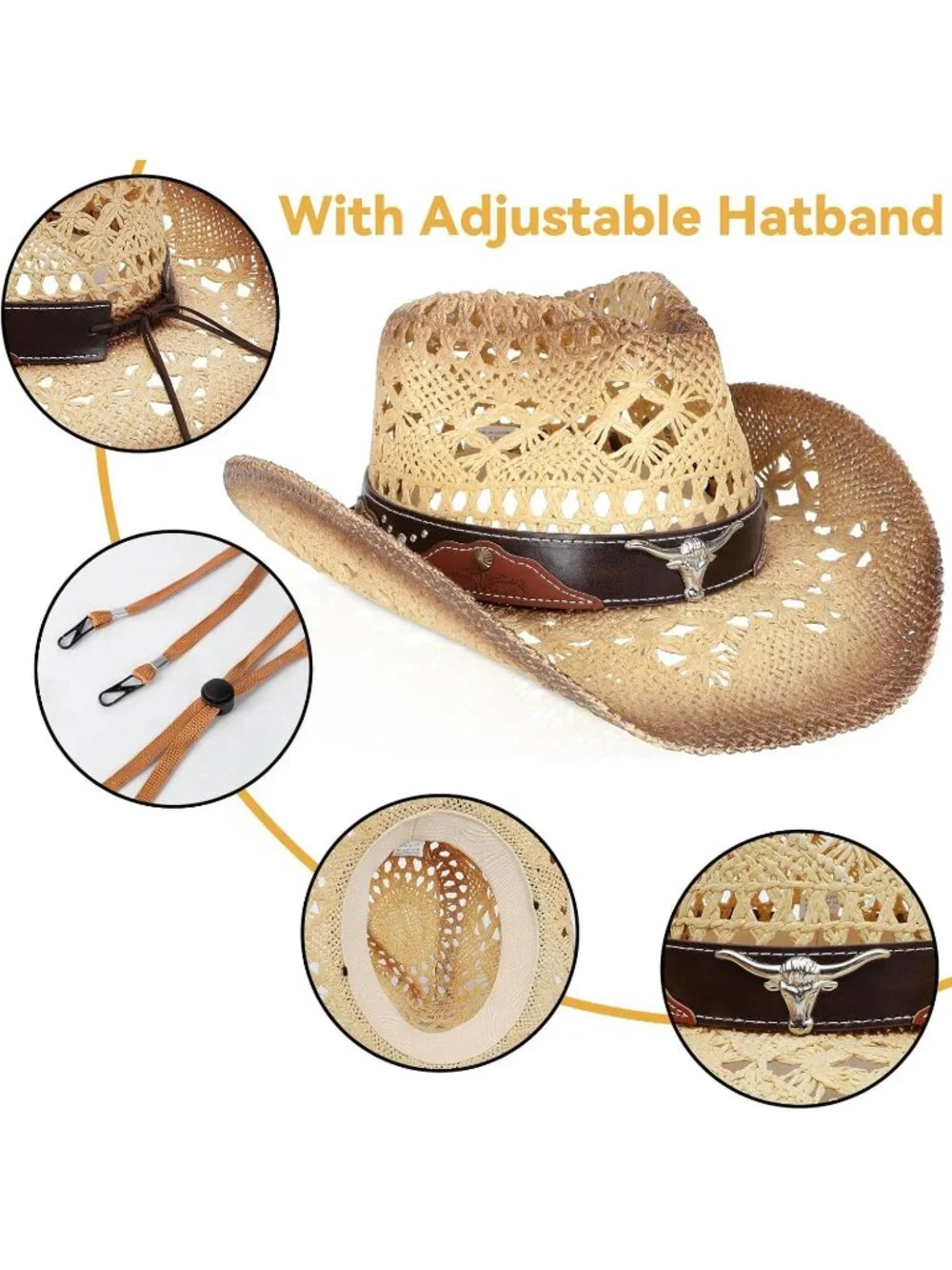 Men's Beige Elastic Closure Straw Wide with Shapeable Brim Western Cowboy Hat